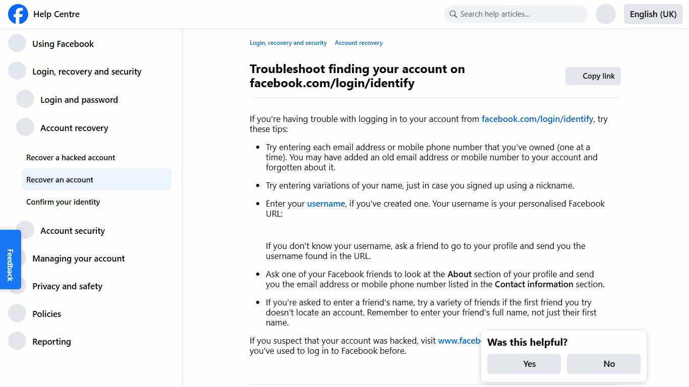 Troubleshoot finding your account on facebook.com/login/identify Facebook Help Centre